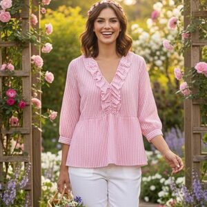 Marc New York Pink And White Striped Blouse Cottage Coquette Ruffle Prairie L